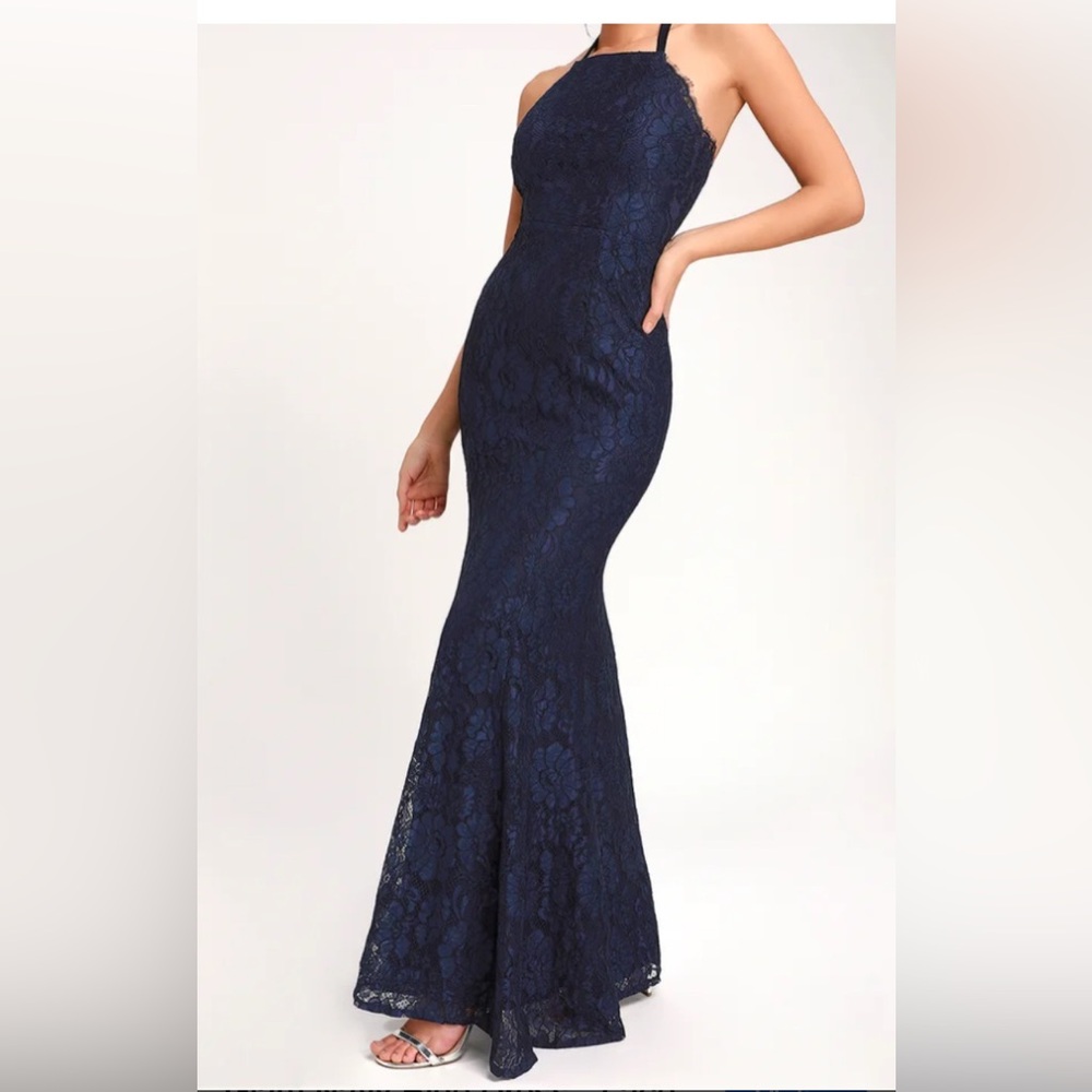 Lulus Elegant Navy Blue Lace Halter Dress mermaid dress